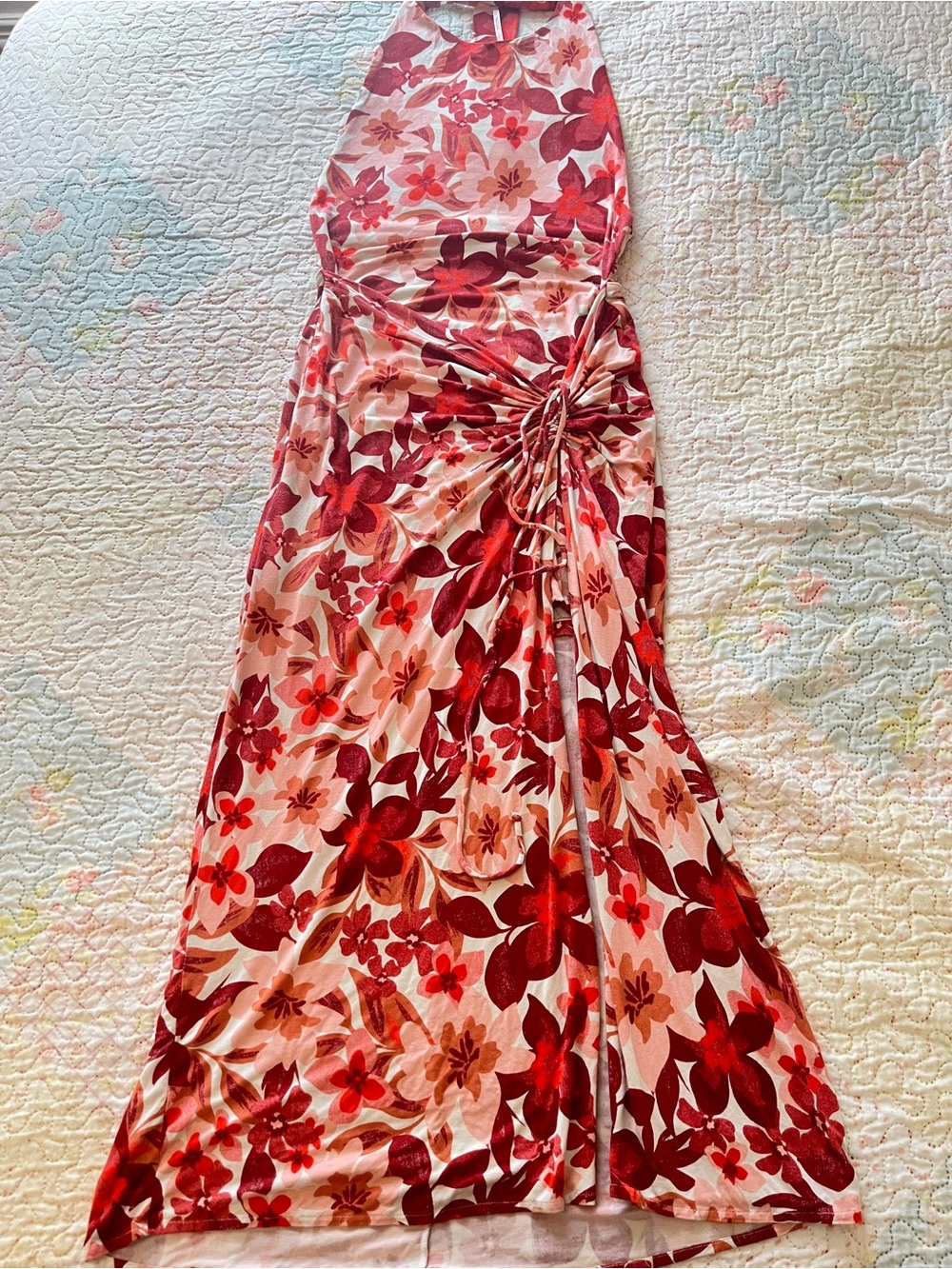 Free People Red and Pink Floral Halter Maxi Dress